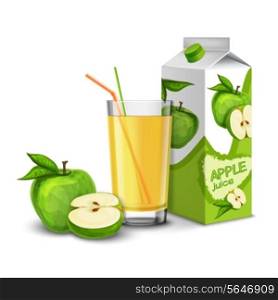 Realistic apple juice glass with cocktail straw and paper pack isolated on white background vector illustration
