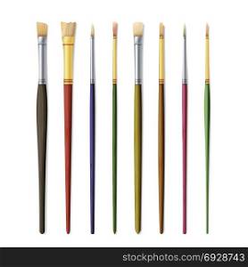 Realistic Artist Paintbrushes Set. Paint Brush Set Isolated On White Background. Vector Collection For Artist Design. Watercolor, Acrilic Or Oil Brushes With Light Wooden Handle. Realistic Artist Paintbrushes Set. Paint Brush Set Isolated On White Background.