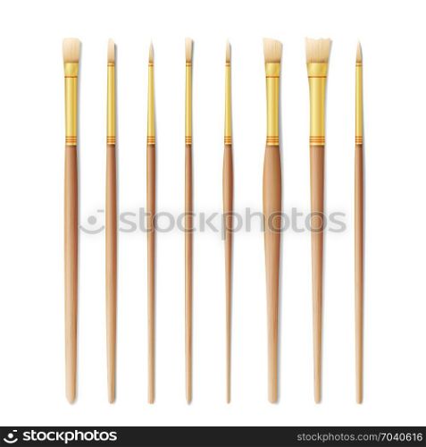 Realistic Artist Paintbrushes Set. Paint Brush Set Isolated On White Background. Vector Collection For Artist Design. Watercolor, Acrilic Or Oil Brushes With Light Wooden Handle. Realistic Artist Paintbrushes Set. Paint Brush Set Isolated On White Background.