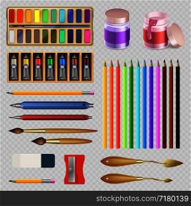 Realistic artistic tools isolated on transparent background. Vector paint instrument, brush and pencil for draw illustration. Realistic artistic tools isolated on transparent background