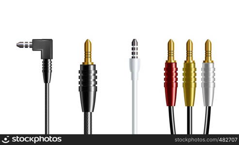 Realistic Audio Connector Headphone Plug Vector. Adapter Wire Electronic Speaker And Headphone Joint Communicate Smartphone Top View Isolated Image On White Background. 3d Illustration. Realistic Audio Connector Headphone Plug Vector