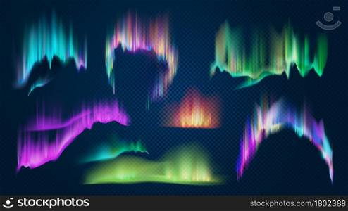 Realistic aurora borealis northern lights in night sky. Polar glowing natural effect. Shining antarctic colored 3d light waves vector set. Illustration of northern aurora, polar light north. Realistic aurora borealis northern lights in night sky. Polar glowing natural effect. Shining antarctic colored 3d light waves vector set