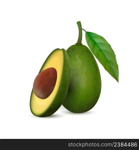 Realistic avocado. Tropical fruit. 3d illustration whole avocado and sectional view