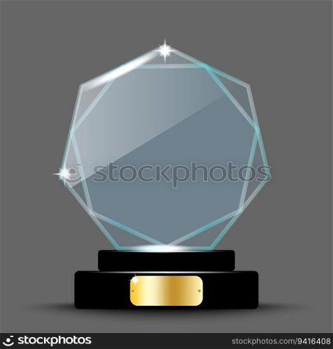 Realistic award layout design. Glass trophy in the form of an hexagon. 3d acrylic crystal hexagon. Vector illustration. stock image. EPS 10.. Realistic award layout design. Glass trophy in the form of an hexagon. 3d acrylic crystal hexagon. Vector illustration. stock image.