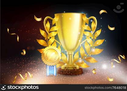 Realistic awards background with composition of festive confetti glowing lights with golden palm cup and medal vector illustration