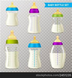 Realistic baby bottle transparent set with isolated images of sucking bottles filled with milk on transparent background vector illustration. Baby Bottles Transparent Set