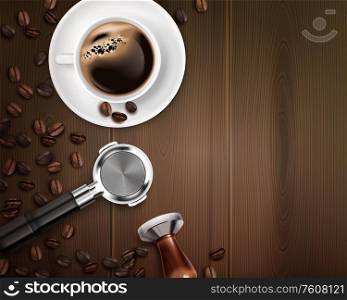 Realistic background with barista equipment and cup of coffee on wooden table vector illustration