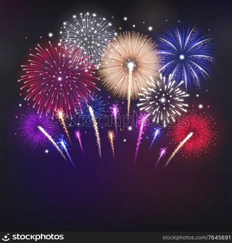 Realistic background with glowing colorful fireworks on dark sky vector illustration