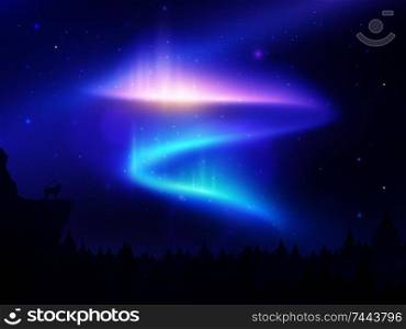 Realistic background with northern lights in night sky over forest and mountain vector illustration. Northern Lights Background