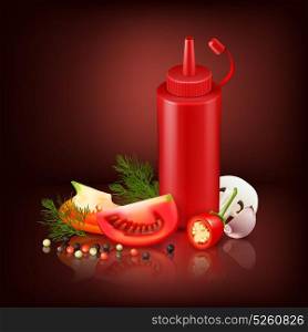 Realistic Background With Red Plastic Bottle And Vegetables . Colorful realistic background with red plastic bottle with ketchup and chopped vegetables vector illustration