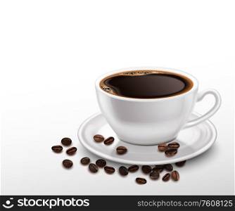 Realistic background with white porcelain cup of black coffee and beans vector illustration