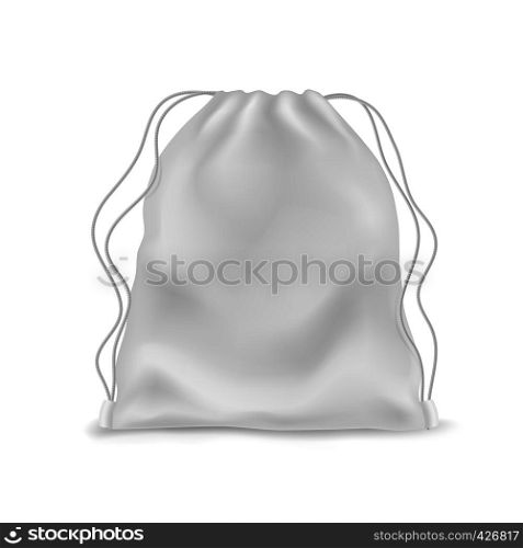 Realistic backpack mockup. White knapsack, school backpack. Sports textile bag, pack for footwear pouch with ropes and drawstring vector template. Realistic backpack mockup. White knapsack, school backpack. Sports textile bag, pack for footwear pouch with ropes vector template