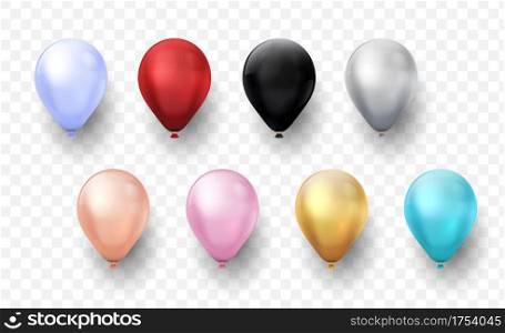 Realistic balloons. 3D inflated round shapes for holiday party. Colorful helium shiny balls on transparent background. Decorative glossy bright spheres. Vector festive isolated rubber objects set. Realistic balloons. 3D inflated round shapes for holiday party. Colorful helium balls on transparent background. Decorative bright spheres. Vector festive isolated rubber objects set