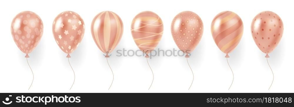 Realistic balloons. 3d striped party decor multicolor air balloons with different ornament, asterisks, stripes and dots patterns. Vector set. Realistic balloons. 3d party decor multicolor air balloons with different ornament, asterisks, vector set of stripes and dots patterns