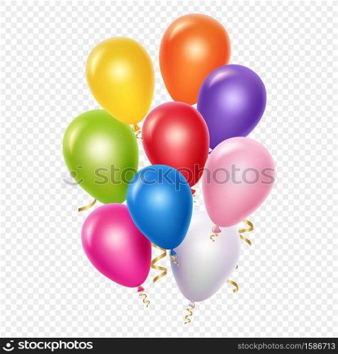 Realistic balloons vector background template. Balloons and golden ribbons isolated on transparent background. Colored balloon with golden ribbon for celebrate party illustration. Realistic balloons vector background template. Balloons and golden ribbons isolated on transparent background