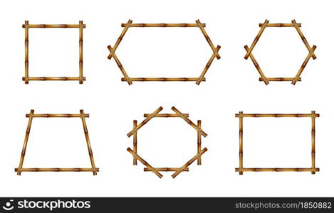 Realistic bamboo frames. Japanese style, natural borders, different shapes wall pictures decor, eco frameworks, plants products, tropical frame 3d vector set. Realistic bamboo frames. Japanese style, natural borders, different shapes wall pictures decor, eco frameworks, plants products, vector set