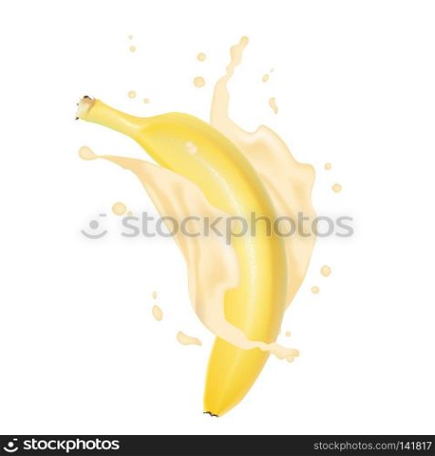 Realistic Banana Falling In The Splashing Juice Wave. Yellow Bananas Isolated On White Background For Packaging Or Web Design. Vector EPS 10.