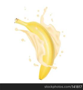 Realistic Banana Falling In The Splashing Juice Wave. Yellow Bananas Isolated On White Background For Packaging Or Web Design. Vector EPS 10.