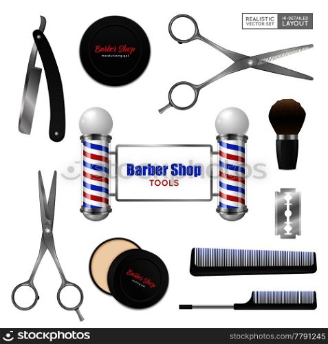 Realistic barber shop tools accessories set with scissors razor shaving brush moisturizing and soothing gels vector illustration . Realistic Barber Shop Accessories Set