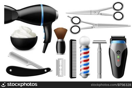 Realistic barber tools. Barbershop isolated objects, men beauty salon professional tools, shaving and fashion hairstyle items. Hair care instruments, curling iron, scissors and combs vector 3d set. Realistic barber tools. Barbershop isolated objects, men beauty salon professional tools, shaving and fashion hairstyle items. Hair care, curling iron, scissors and combs vector 3d set
