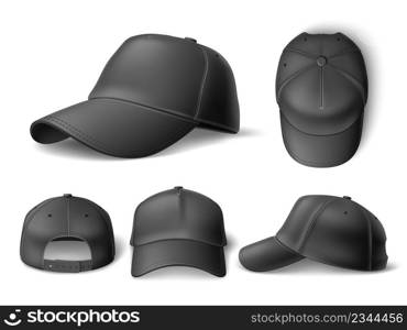Realistic baseball cap mockup. 3d black sports and casual headgear object, trendy clean model different view angles. Top, front and side, marketing branding template, empty textile vector isolated set. Realistic baseball cap mockup. 3d black sports and casual headgear object, trendy clean model different view angles. Top, front and side, marketing branding template vector isolated set