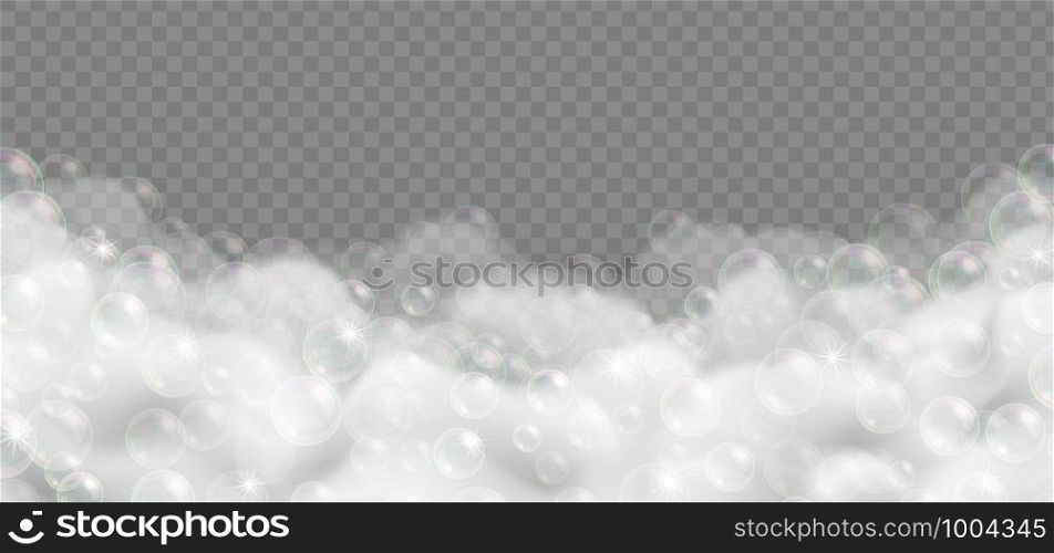 Realistic bath foam with bubbles isolated on transparent background. Sparkling shampoo and soap lather vector illustration.. Realistic bath foam with bubbles isolated on transparent background.