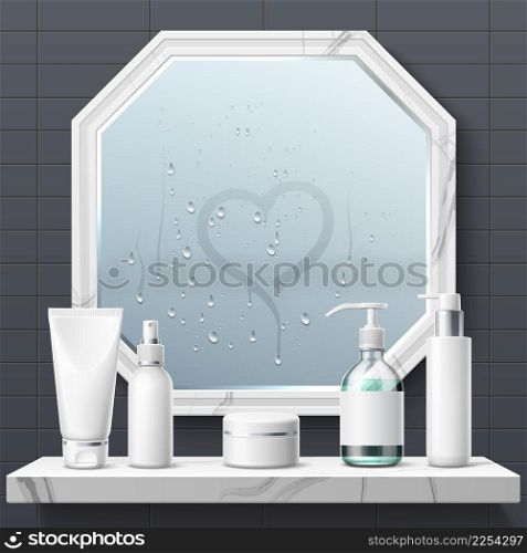 Realistic bath mirror. Bathroom reflective glass surface with condensate. Toilet interior. Home shelf with skin and hair care products. Cosmetic blank containers. Apartment furniture. Vector concept. Realistic bath mirror. Bathroom reflective glass surface with condensate. Toilet interior. Shelf with skin and hair care products. Cosmetic containers. Apartment furniture. Vector concept