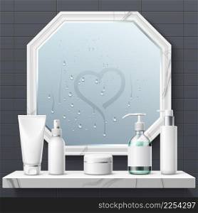 Realistic bath mirror. Bathroom reflective glass surface with condensate. Toilet interior. Home shelf with skin and hair care products. Cosmetic blank containers. Apartment furniture. Vector concept. Realistic bath mirror. Bathroom reflective glass surface with condensate. Toilet interior. Shelf with skin and hair care products. Cosmetic containers. Apartment furniture. Vector concept