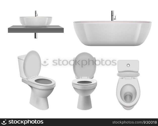 Realistic bathroom collection. Toilet, washing cabinet bowl bathroom sink clean white for fresh washroom basin. Vector pictures. Illustration of bathroom toilet, sink or basin, plumbing bath. Realistic bathroom collection. Toilet, washing cabinet bowl bathroom sink clean white for fresh washroom basin. Vector pictures