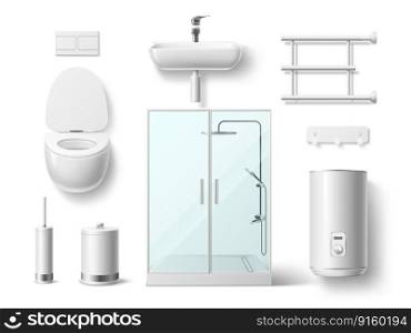 Realistic bathroom elements. 3d plumbing objects, white porcelain sink and toilet, shower cabin, boiler, heated towel rail, wc interior isolated icons, lavatory room hygienic ceramic utter vector set. Realistic bathroom elements. 3d plumbing objects, white porcelain sink and toilet, shower cabin, boiler, heated towel rail, wc interior isolated lavatory room hygienic ceramic utter vector set