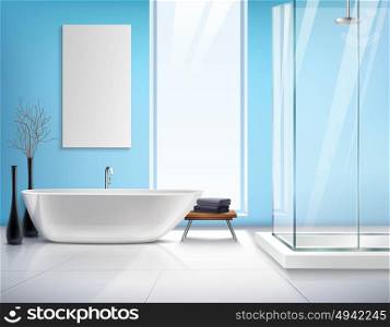 Realistic Bathroom Interior Design. Modern light bathroom realistic interior design with white bath shower cabin decorations and accessories vector illustration