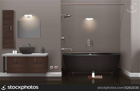 Realistic Bathroom Interior Design. Realistic bathroom interior design with lighting, brown furniture, dark washbasin and tub, glossy floor 3d vector illustration