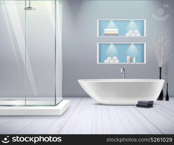 Realistic Bathroom Interior . Realistic bathroom interior new stylish renovation in the bathroom with shower and bathtub vector illustration