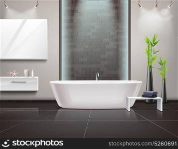 Realistic Bathroom Interior. Realistic bathroom interior with mirror and lighting, stand with towels near tub on tiled floor vector illustration