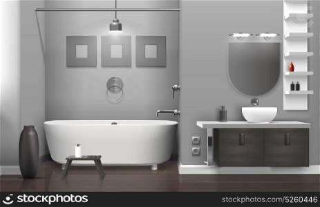 Realistic Bathroom Interior. Realistic bathroom interior with white tub and sink, decor on grey wall, vase on floor vector illustration