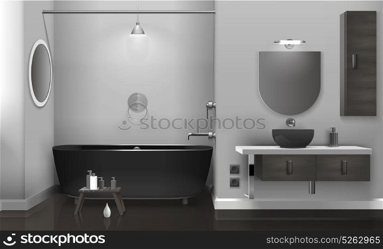 Realistic Bathroom Interior With Two Mirrors. Realistic bathroom interior design with black sanitary equipment, two mirrors on grey wall, glossy floor vector illustration