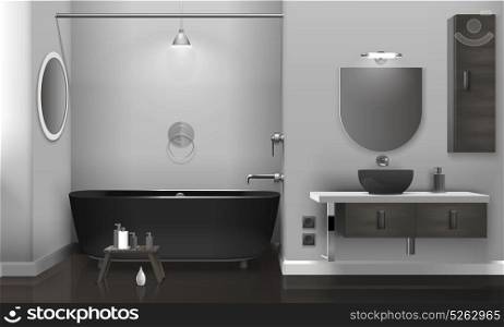 Realistic Bathroom Interior With Two Mirrors. Realistic bathroom interior design with black sanitary equipment, two mirrors on grey wall, glossy floor vector illustration