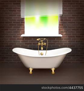Realistic Bathroom Poster. Realistic Bathroom Poster with vintage bathtub on wooden floor and a brick wall across from the window vector illustration