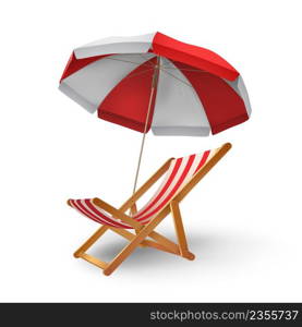 Realistic beach parasol umbrella and chaise longue for vacation. Recliner chair under sunshade awning. 3d summer relaxation vector concept. Red and white striped protection and deck chair for rest. Realistic beach parasol umbrella and chaise longue for vacation. Recliner chair under sunshade awning. 3d summer relaxation vector concept