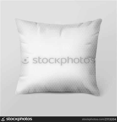 Realistic bed pillow. White blank of rectangular feather sleeping bed cushion for neck and head support and rest. Vector illustration soft pillow relaxation on gray background. Realistic bed pillow. White blank of rectangular feather sleeping bed cushion for neck and head support and rest. Vector illustration
