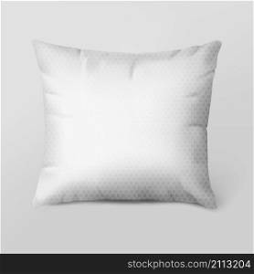 Realistic bed pillow. White blank of rectangular feather sleeping bed cushion for neck and head support and rest. Vector illustration soft pillow relaxation on gray background. Realistic bed pillow. White blank of rectangular feather sleeping bed cushion for neck and head support and rest. Vector illustration