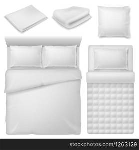 Realistic bedding. Top view bed with white bedding linen, blanket and pillows, soft cotton folded towel, comfortable bedroom home textile vector set. Realistic bedding. Top view bed with white bedding linen, blanket and pillows, soft cotton folded towel, bedroom home textile vector set