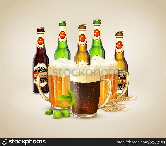 Realistic Beer Background. Bottles and cups with fresh cold dark and light beer realistic background vector illustration