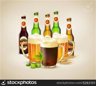 Realistic Beer Background. Bottles and cups with fresh cold dark and light beer realistic background vector illustration