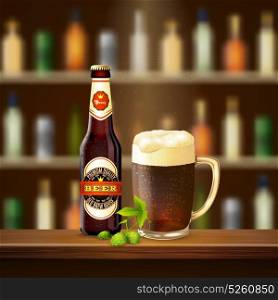 Realistic Beer Illustration. Cup and bottle of cold dark beer on bar counter realistic vector illustration
