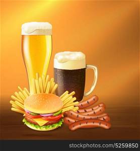 Realistic Beer Illustration. Different starters glass and mug full of cold beer realistic vector illustration