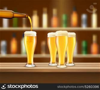 Realistic Beer Illustration. Four glasses with fresh lager beer on bar counter realistic vector illustration