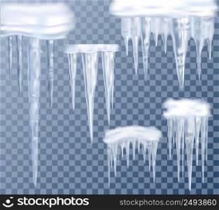 Realistic big icicles transparent set for decoration isolated vector illustration . Icicles Transparent Set