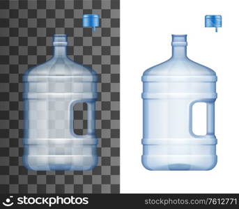 Realistic big plastic bottles for water cooler with open cap, isolated 3D vector mockup. Blue empty blank packages with handle for drinking water. Delivery plastic gallon container for aqua with lid. Big bottles for water cooler with open cap, mockup