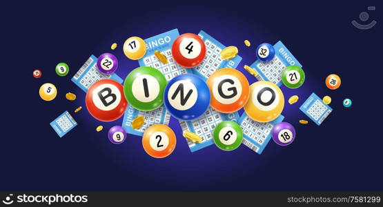 Realistic bingo composition with images of numeric lottery balls with tickets and golden money coins vector illustration